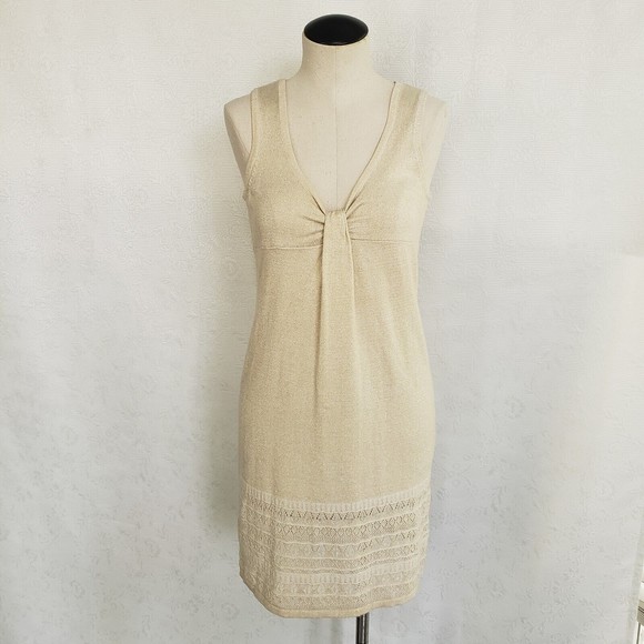 Design History Womens Knit Tank Dress S Cream Beautiful Flounce Metallic Sparkle - Picture 3 of 16